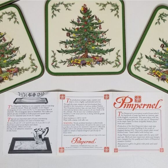 Pimpernel Christmas Tree Collection Cork Backed Coasters Deluxe Finish 4"sq 6ct - Picture 5 of 11